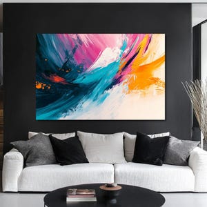 Lienzo abstracto para pared: verde azulado, magenta y ocre - Estilo galería moderna