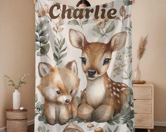 Coperta personalizzata con animali della foresta per neonati, coperta personalizzata con nome per neonati e tema animali del bosco, coperta per cameretta dei bambini con tema bosco