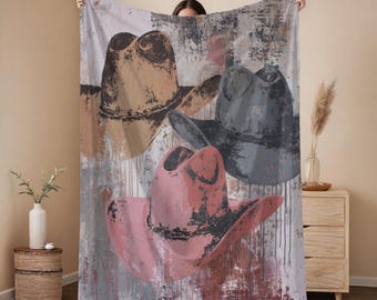 Western Chic Cowboy Hat Decor Sherpa Throw Blanket, Western Aesthetic Gift, Vintage Western Painting Bedding