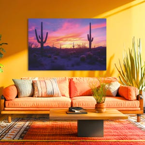 Bunter Wüsten-Sonnenuntergang und Saguaros-Wand-Kunst, südwestliche ästhetische Kaktus-Kunst