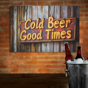 Western Neon Sign Canvas Art: Cold Beer Good Times Bar Decor