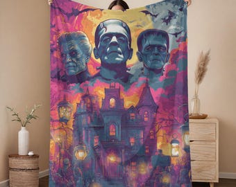 Cobertor retrô de monstro de Halloween | Manta assustadora para a temporada de vampiros e Frankenstein | Presente aconchegante estilo filme de terror para ele ou ela