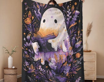 Magical Ghost Reading Spell Book Halloween Blanket | Witchy Spooky Cute Ghost Throw | Enchanted Cottagecore Halloween Decor