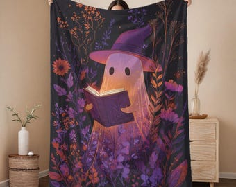 Magical Ghost Reading Spell Book Halloween Blanket | Witchy Spooky Cute Ghost Throw | Enchanted Cottagecore Halloween Decor