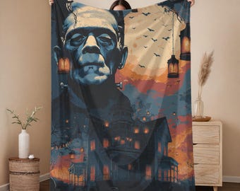 Cobertor retrô de monstro de Halloween | Manta assustadora de Frankenstein | Cobertor vintage com personagens de filmes de terror de Halloween