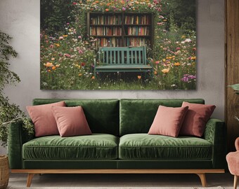 May include: A green wooden bench sits in front of a bookshelf filled with books. The bookshelf is surrounded by a lush garden with colorful flowers.