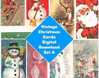 May include: A collection of vintage Christmas cards with festive illustrations. The cards feature Santa Claus, snowmen, reindeer, and angels. The text "Vintage Christmas Cards Digital Download Set A" is displayed on a blue diamond.