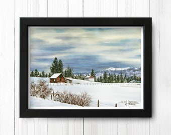 Snow Covered Farm Watercolor Art Print