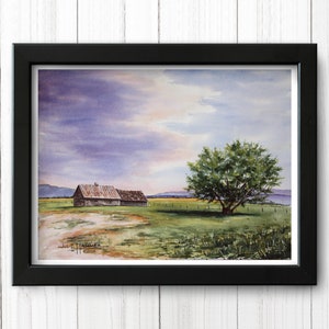 Cabin & Tree Watercolor Art Print
