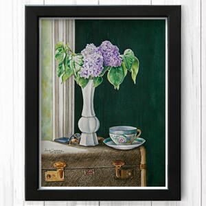 Lilacs with Teacup Watercolor Art Print