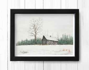 Snowy Cabin Watercolor Art Print