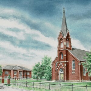 Custom Church, School Portrait, Hand Drawn & Painted