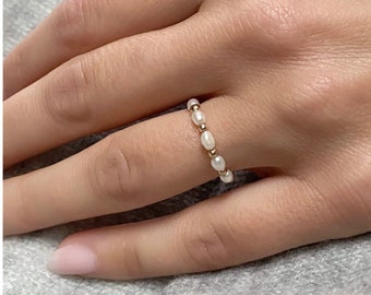 Pearl Ring. Beaded Ring. Gold Filled Ring. Elastic Ring. Stackable Ring. Stretch Ring. June Birthstone Ring. Wedding Ring Set.