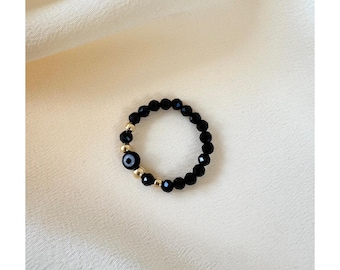 Anillo elástico de turmalina negra con ojo turco, chapado en oro o plata de ley, joyería de cristal para protección y conexión a tierra, regalo minimalista para ella.