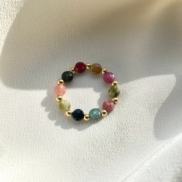 Tourmaline Gold Filled Beaded Ring. Multi-color Tourmaline Stretch Ring. Gemstone Elastic Ring. Crystal Ring. October Birthstone Jewelry..