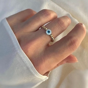 Evil Eye Beaded Ring, 14k Gold Filled & Sterling Silver, Protection Ring