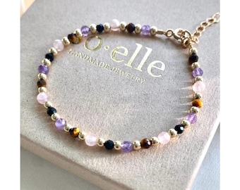Black Tourmaline Amethyst Rose Quartz Tiger's Eye Protection Crystal Bracelet, Gold-Filled Sterling Silver Beads