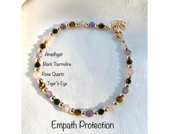 Black Tourmaline Amethyst Rose Quartz Tiger's Eye Protection Crystal Bracelet, Gold-Filled Sterling Silver Beads