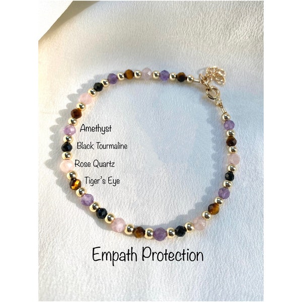 Empath Protection Bracelet. Black Tourmaline, Rose quartz, Amethyst, Tiger's eye bracelet. Delicate Crystal Bracelet. Beaded Bracelet.