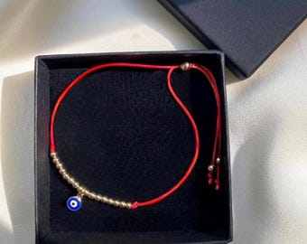 Gold Filled Evil Eye Red String Bracelet, Adjustable Protection Cord