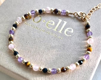 Black Tourmaline Amethyst Rose Quartz Tiger's Eye Protection Crystal Bracelet, Gold-Filled Sterling Silver Beads