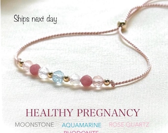 Pregnancy Bracelet, Crystal Jewelry for Mom to Be, Moonstone, Aquamarine, Rose Quartz, Baby Shower Gift