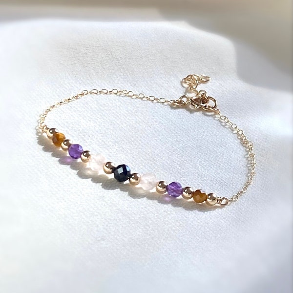 Empath Protection Bracelet. Gold Filled. Black Tourmaline, Rose quartz, Amethyst, Tiger's eye bracelet. Delicate Crystal Bracelet.