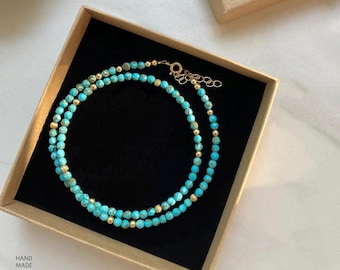 Turquoise Choker Necklace, 14kt Gold Filled Beaded Layering Necklace