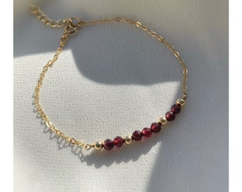 Gold Filled Garnet Bracelet, January Birthstone, Minimalist Beaded Chain Jewelry
