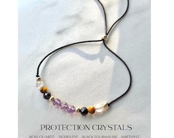Protection Bracelet, Black Tourmaline, Rose Quartz, Tiger's Eye, Amethyst, 14kt Gold-Filled Beads