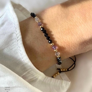 Black Tourmaline Crystal Bracelet, Rose Quartz Amethyst, Grounding Energy Shield