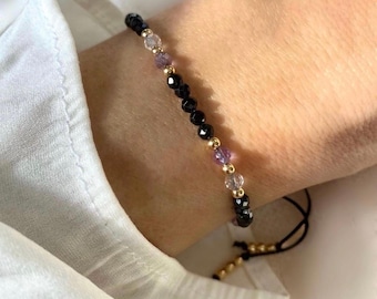 Black Tourmaline Crystal Bracelet, Rose Quartz Amethyst, Grounding Energy Shield
