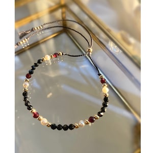 Black Tourmaline Garnet Bracelet: Silk Cord, Gold Filled Beads
