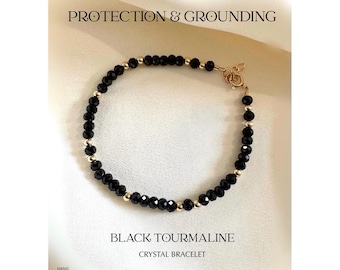Black Tourmaline Protection Bracelet, 14kt Gold-Filled or Sterling Silver Accents, Minimalist Crystal Jewelry