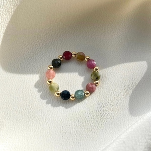Anillo de turmalina con cuentas, chapado en oro de 14 quilates, anillo de cristal elástico