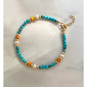 Bracciale con perline di turchese, diaspro arancione e perle, bracciale impilabile riempito d&#39;oro, bracciale con chiusura regolabile, bracciale minimalista con pietre miste