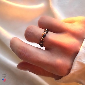 Tiger's Eye Beaded Ring, Protection & Grounding Jewelry, Gemstone Stretchy Ring, Crystal Ring, Elastic Ring, Gold Filled Beaded Ring