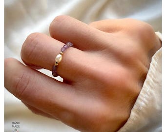 Amethyst Beaded Ring, Gemstone Stretchy Ring, Crystal Ring, Elastic Ring, February Birthstone Ring, Gold Filled Stackable Ring, Adjustable