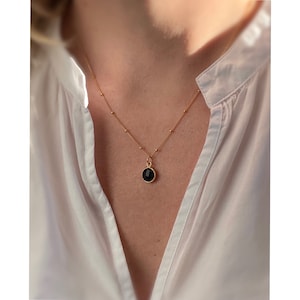 Onyx Gold Filled Necklace. Delicate Onyx Pendant. Crystal Necklace. Layering Necklace. Satellite Chain Necklace. Christmas Gift for Her.