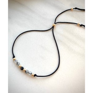 Moonstone & Black Tourmaline Cord Bracelet. Delicate Silk Bracelet. Delicate Crystal Bracelet. Healing Bracelet. Adjustable. Gift for Her image 1