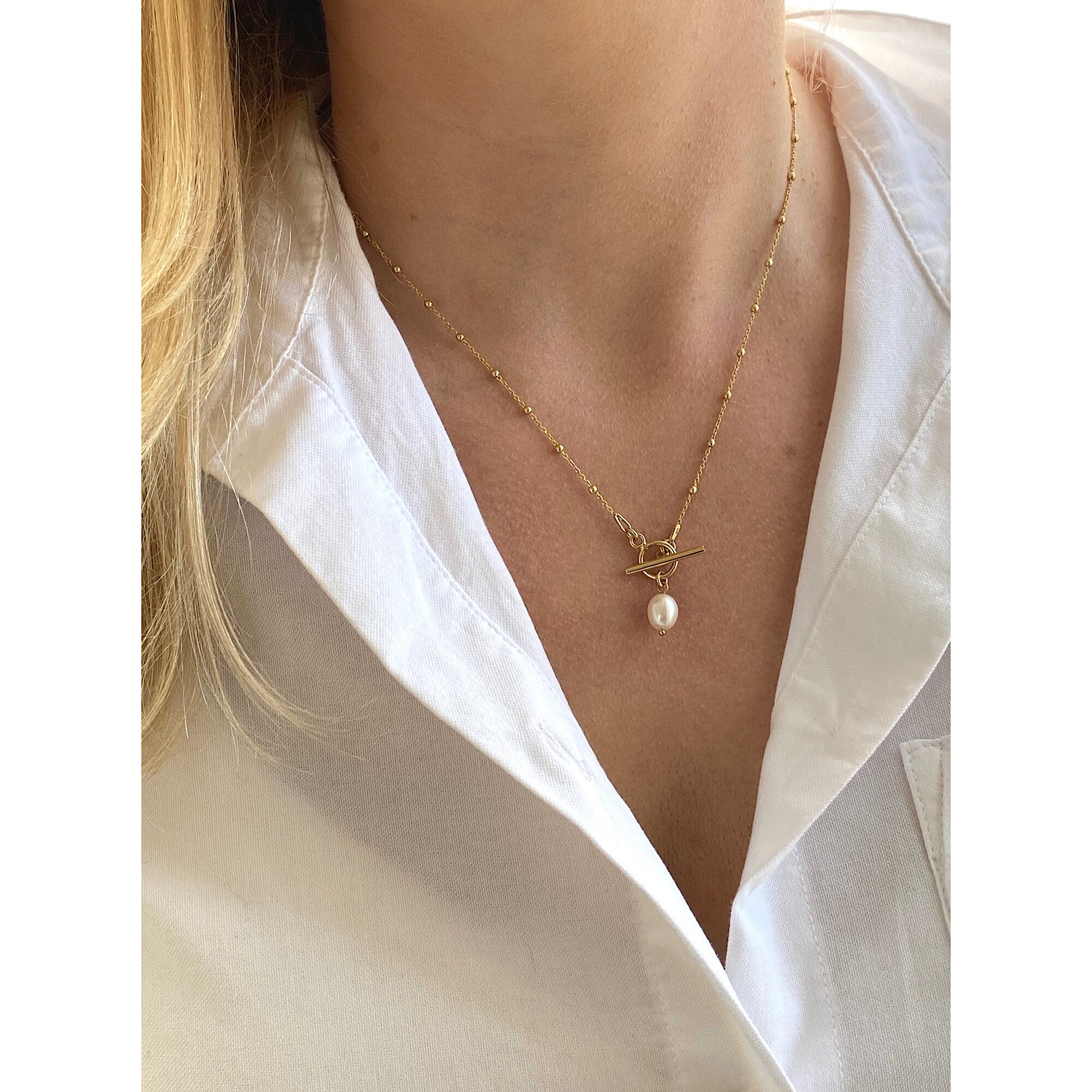 18kt Gold Plated Pearl Pendant Necklace: Toggle Clasp, June Birthstone