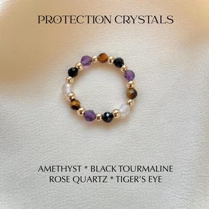 Crystal Protection Beaded Ring, Black Tourmaline, Rose Quartz, Energy Shield, Stretchy, Grounding Jewelry