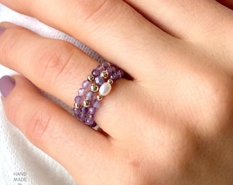 Amethyst Beaded Ring, Gemstone Stretchy Ring, Crystal Ring, Elastic Ring, February Birthstone Ring, Gold Filled Stackable Ring, Adjustable