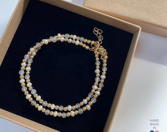 Delicate Moonstone Pearl Bracelet, 14kt Gold-Filled or Sterling Silver, Stackable Crystal Jewelry