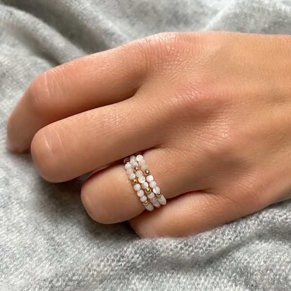 Mother of Pearl Ring. Beaded Ring. 14kt Gold Filled Ring. Stretch Rings. Elastic Ring. June Birthstone Ring. Delicate Ring. Dainty Ring.