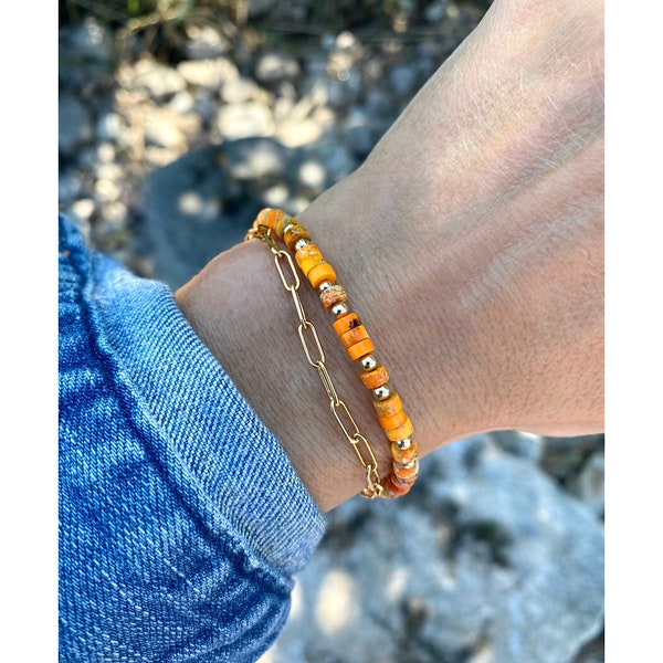 Orange Jasper Gold Filled Bracelet. Delicate Gemstone Bracelet. Jasper Beaded Bracelet. Gold Jasper Bracelet. Layering. Gift for Her.