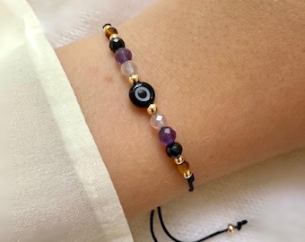 Evil Eye Crystal Bracelet, Black Tourmaline, Rose Quartz, Gold Filled