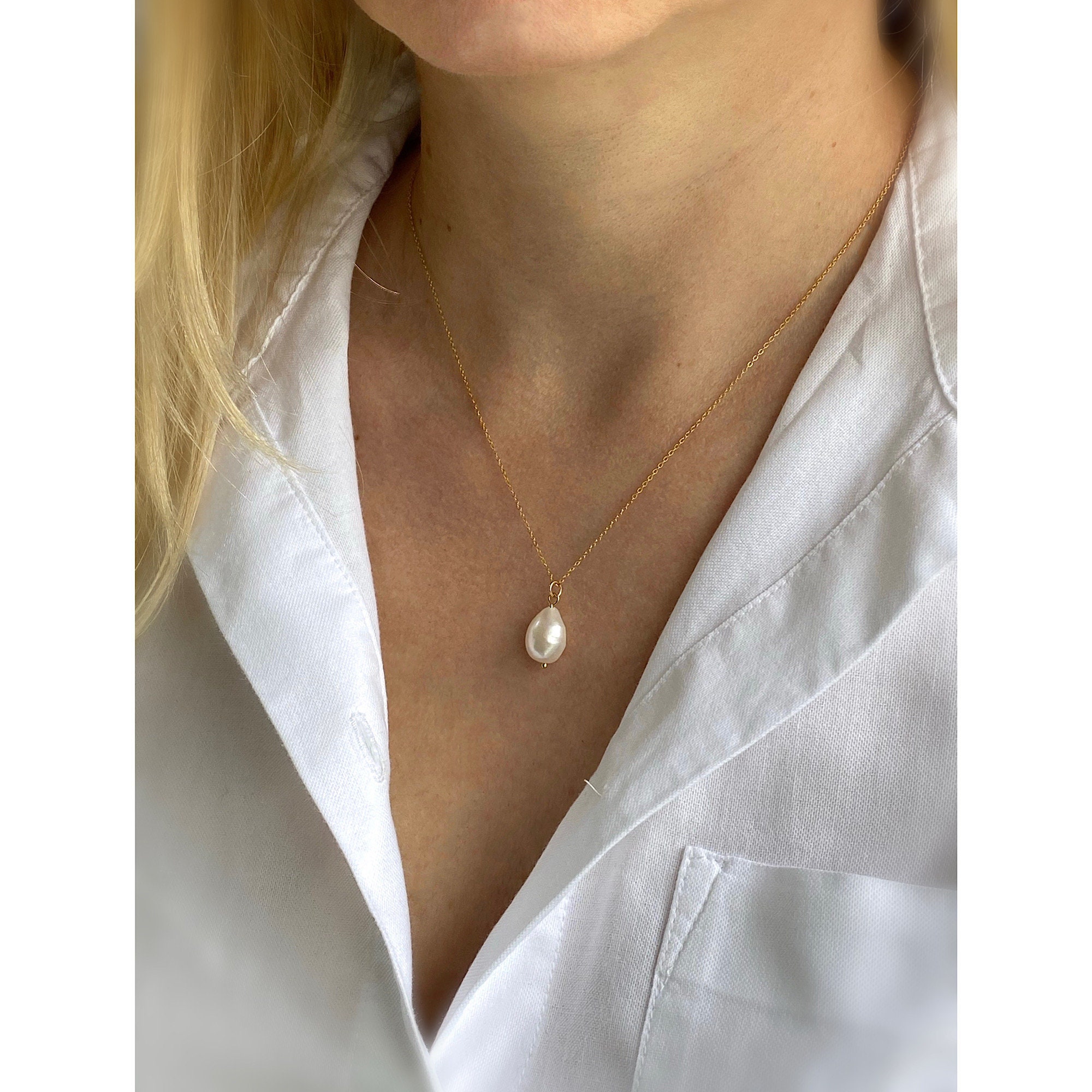 Collier Perle Baroque Naturelle Plaqué Or 14k - Neuf Avec étiquettes