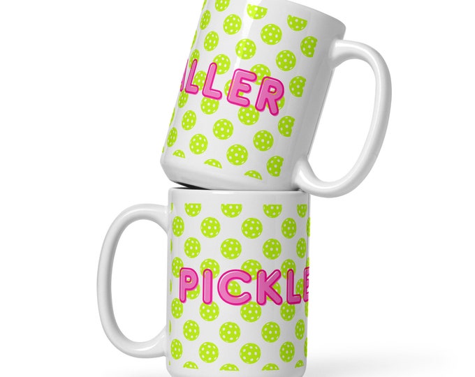 Pickleballer white coffee/tea mug • pickleball mug • pickleball gift • Pink Neon