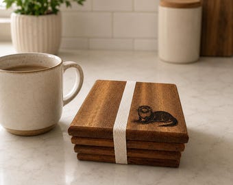 Handmade Iroko Wood Wildlife Coasters | Set of 4 Reclaimed Hardwood Drink Coasters | 10cm x 10cm | Sustainable Gift